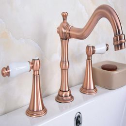 Bathroom Sink Faucets Deck Mounted 3 Holes Bath Tub Mixer Tap Vintage Retro Antique Red Copper Brass Widespread 2 Handles Basin Faucet