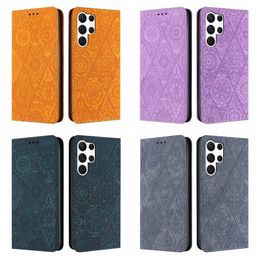 Leather Wallet Cases For Samsung S23 FE Ultra S22 Plus A25 A24 A34 A54 A14 A23 A73 A13 A33 A53 Ethnic Imprint Flower Suck Magnetic Closure Card Slot Holder Flip Covers