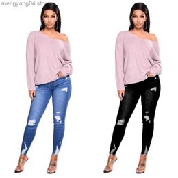 Women's Jeans 2022 New Black and Blue High Waist Ripped Jeans For Women Fashion Stretch Slim Denim Pencil Pants Casual Clothing S-3XL T230530