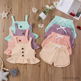 Clothing Sets Cotton Baby Girl Summer Suspender Set Children's Solid Crepe Pleated Shorts Girls Ruffles Outfits Clothes Suit