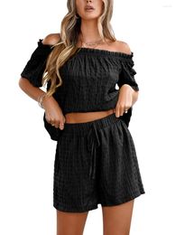 Women's Shorts Women 2 Piece Summer Short Outfits Off Shoulder Solid Sleeve T-Shirt High Waist Drawstring Lounge Set