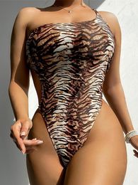 Women's Swimwear S - XL Leopard Printed One Shoulder Thong Piece Swimsuit Women Female High Leg Cut Bather Bathing Suit Swim K4605