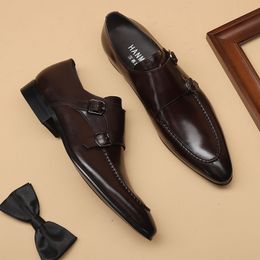 Size 6 To 10 Handmade Pointed Toe Men Oxfords Double Buckles Monk Strap Formal Shoes Genuine Leather Classic Dress Shoes For Men