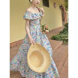 French Elegant Women Evening Dress 2023 Summer Casual Off Shoulder Printed Floral Midi Dress Casual Holiday Ruffles Dress