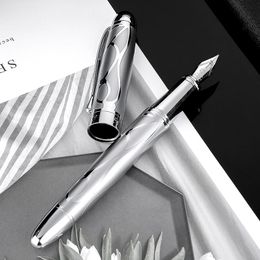 Fountain Pens HongDian Printing Stainless Steel Fountain Pen Fine Nib Retro Silver Student Office Practice Supply Writing Pens Stationery Gift 230530