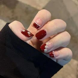 False Nails 24Pcs Short Cherry Flower Pearl Removable Manicure Girls Wearing Fake Art Decoration Round Coffin Press OnNail