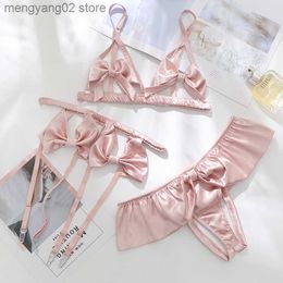 Sexy Set Sexy Underwear Open Dew Lingerie Three Pieces Set Bow Dot Bra Crotchless Panties Garter Satin Outfit Set See Through Bra T230530