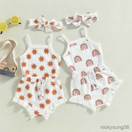 Clothing Sets Baby Girl Summer Rompers Set Sun/ Rainbow Print Waffle Sleeveless Jumpsuit and Casual Ruffle Shorts Headband