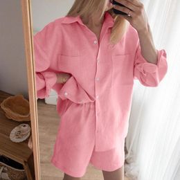 Women's Tracksuits Women Solid Pink Shorts Sets 2023 Summer Hollow Loose Shirt And Suit 2 Piece Compression Ladies Outfit