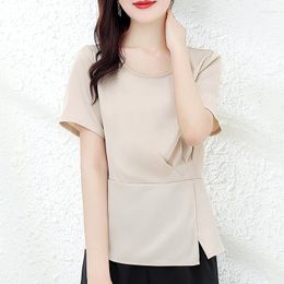 Women's Blouses Fashion Woman 2023 Summer Silk Tops For Women Short Sleeve Black Blouse O-neck Basic Solid Female Clothing Casual Shirt