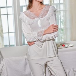 Women's Sleepwear Women Modal Pyjamas Set Lounge Wear Lace Patchwork Intimate Lingerie Loose Soft White Pyjamas 2 Pieces Suit Homewear
