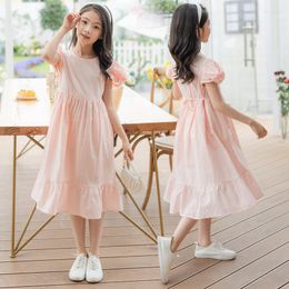 Girl Dresses Teenage Girls Round Neck Solid Pleated Cotton Dress 2023 Summer Korean Loose Short Criss-Cross Sleeve Teen Children