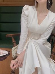 Midi Dress Women Elegant Autumn V-neck Fashion Lady Vestido High Waist Folds Design Vintage Satin Dresses Female Clothes