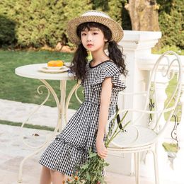 Girl Dresses Girls' Casual Holiday Dress Summer 2023 Teen Children's Flared Sleeve Plaid Princess Style Kids Patchwork