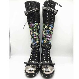 Boots Rivets Studded Buckle Knee High Women Embroidered Leather Print Flower Flat Motorcycle Winter Shoes Woman 220901