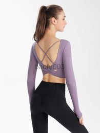 Women's T-Shirt Sexy Shirts for Women Crop Top Open Cross Back Activewear Gym Women's Fitness Long Sleeve T-shirts J2305