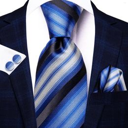 Bow Ties Black Blue Striped Silk Wedding Tie For Men Gift Mens Necktie Handky Cufflink Set Fashion Business Party Dropship Hi-Tie Design
