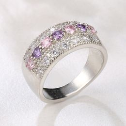 Bohemian Princess Pink Purple White Ring Crystal Zircon Stone Ring Silver Color Wedding Engagement Rings For Women