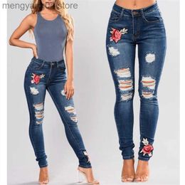 Women's Jeans Stretch Jeans For Women Elastic Flower Jeans Ladies Pencil Denim Pants Hole Ripped Pantalon Rose Embroidered Pattern Jeans T230530