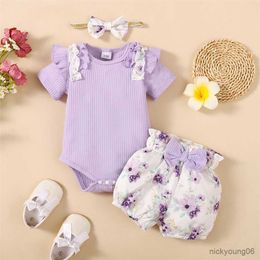 Clothing Sets Baby Girl Clothes Set Purple Short Sleeve Romper and Flowers Shorts with Headband Summer Outfit