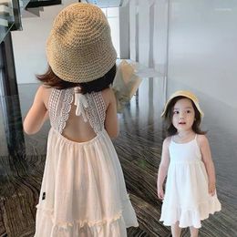Girl Dresses 2023 Girls White Sling Dress Kids Backless Sleeveless Flower Lace Embroidery Wedding Party Robe Princess Clothes 3-8Y Q351