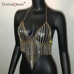 Camis FestivalQueen Bling Tassel Rhinestone Crop Tops Women Summer Sexy Gold Diamond Body Metal Chain Party Club Dance Cami Top
