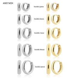 ANDYWEN 925 Sterling Silver Gold 3.5mmThick 5mm to 9 mm Circle Huggies Piercing Clip Circle Pendientes Hoop Earring Wedding Gift