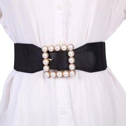 Belts Elastic Women's Belt Golden Buckle Wide Waist Pearls Dress Coat Waistbands Seal Stretch Cummerband