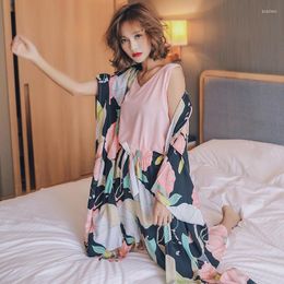 Women's Sleepwear BZEL Pink Floral Pajamas Set Soft Cotton Vest Shorts Pants Nightgowns 4 PCS Plus Size Loose Homewear Fashion Nightwear