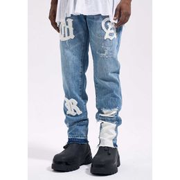 Pants Frog drive Fashion Streetwear High Street Remake y2k Straight Sticker Blue denim Jeans Men's Trousers P230529