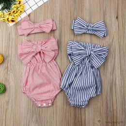 Clothing Sets New Fashion Newborn Baby Clothes Shoulder Bowknot Striped 2Pcs JumpsuitandHeadband Outfits Set Girl Cute