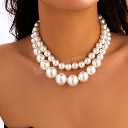 2Pcs/Set Exaggerated Big Imitation Pearl Clavicle Chain Necklace for Women Wed Bridal Beads Choker Grunge Jewellery