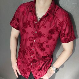 Men's Casual Shirts Shirt Trendy Transparent Black Floral Men Sexy Velvet Short Sleeve Clothing See Through Social Club