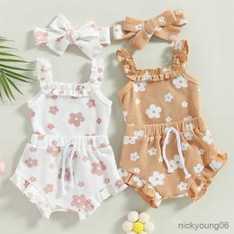 Clothing Sets Newborn Baby Girls Summer Clothes Floral Print Ruffles Sleeveless Waffle Rompers BodysuitsandDrawstring Shorts 3cps Outfits