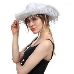 Berets DAZCOS Rhinestone Fringe Cowgirl Hat With Feathers Feather Trim For Women Beach/Birthday/Wedding Wear Accessory