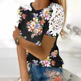 Women's Blouses Summer Shirts & Blouse Womens Short Sleeve Floral Print Cute Shirt Tops Spring Crewneck Lace Panel Casual Graphic