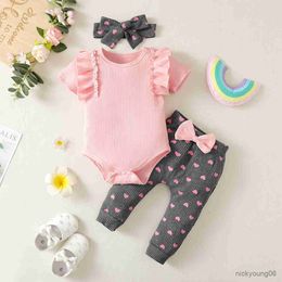 Kleidungssets für Neugeborene, Sommer-Rosa-Kurzarmgeschirre mit Rundhalsausschnitt und dunkelgraue Hose mit Pfirsich-Print