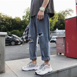 Men's Jeans 2023 Summer Hole For Mens Streetwear Korean Designer Regular Distressed Denim Slim Homme Pants Hip Hop Trousers