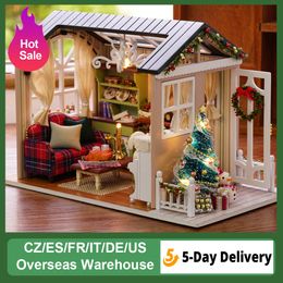 Decorative Objects Figurines DIY Miniature Dollhouse Kit Vintage Dome Decoration Valentine's Day Gifts 3D LED Wooden House Room Children's Birthday Gift Toys 230530