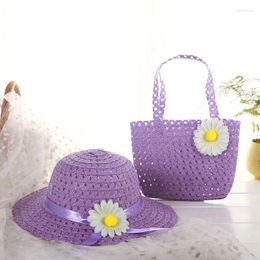 Berets RUHAO Girls Beach Hats Bags Flower Straw Hat Cap Tote Handbag Bag Suit Children Summer Sun 52 CM For 3-7 Years 9 Colours