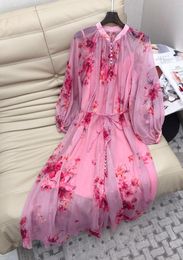 Casual Dresses Silk High Quality 2023 Women Floral Printed Lantern Sleeve Long V-neck Single Breasted Midi Dress S-XXL