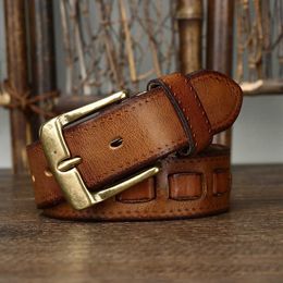 3.8cm wide solid brass buckle full grain leather belt luxury designer high-quality men's natural denim G230529