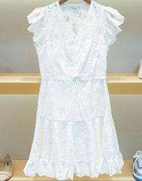 Work Dresses S-andro 2023 Women's French Ruffled V-neck Daisy Hook Flower Hollow White Dress