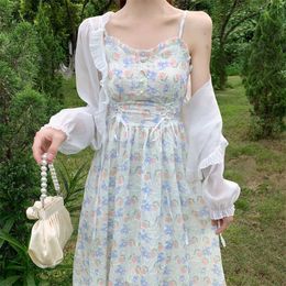 2023 Summer French Elegant Lace-up Floral Midi Dress Women Beach Vintage Strap Dresses Lady Korean Sweet Fairy Party Dress Chic