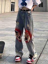 Women's Jeans Retro Streetwearflame Print Jeans 2023 Y2k Blue Fashion Ripped Wide Leg Pants Hip Hop Gothic Harajuku High Waist Women Trousers T230530