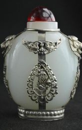 Chinesische Vintage-Sammlerstücke, handgefertigt, weiße Jade, gepanzerter Drache, Löwe, Schnupftabakflasche 3385225