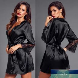 Women's Sleepwear Female Sexy Pajamas Black White Deep V-Neck Lace Stitching Erotic Lingerie Bridal Lacing Dressing Gown Fashion