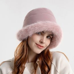 Wide Brim Hats Bucket Hats Women Winter Plush Bucket Hat Soft Fur Snow Earflap Cap Outdoor Thick Fleece Fedora Hats Windproof Female Russia Hat 230529