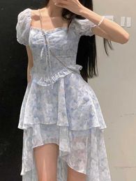 Beach French Elegant Floral Dress Vintage Ruffles Printed Dress Korean Fashion 2023 Summer Casual Short Sleeve Party Dress Woman