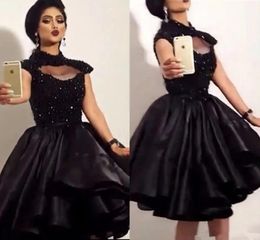 Sparkling Little Black Short Prom Dresses High Neck Capped Sleeves Beaded A Line evening Cocktail Party Gowns Graduation Dress